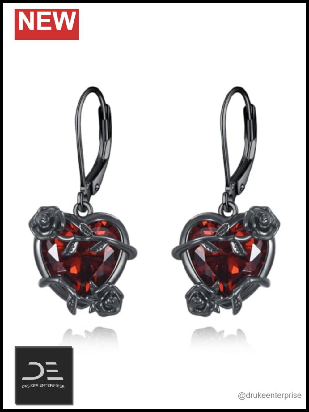 Gothic Black Rose Dangle Earrings 925 Sterling Silver Heart